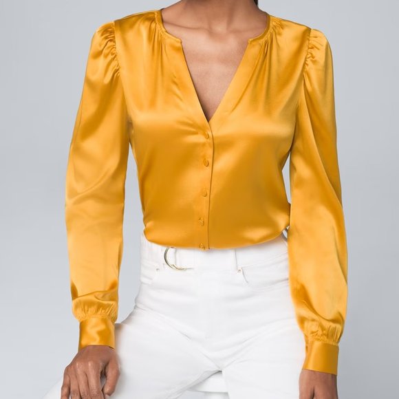 White House Black Market Puff Sleeve Satin Blouse in Liquid Gold size Medium - Picture 2 of 8